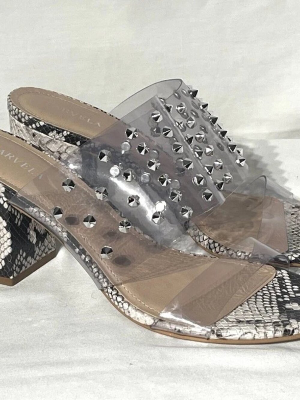 Carvela Studded Clear & Snake Print Block Heel Slip On Sandals sz 8.5 - 9 - Picture 4 of 5